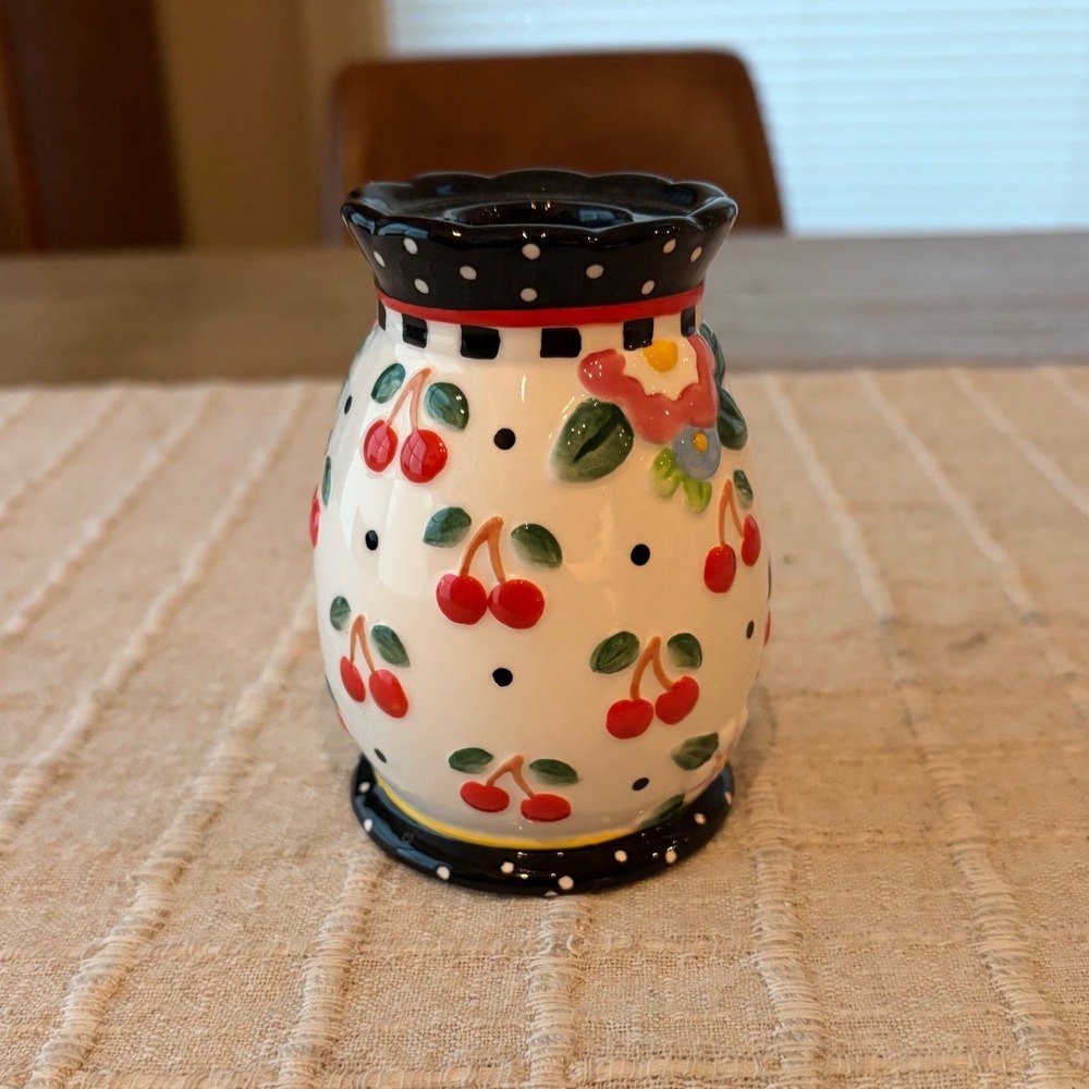 ME Ink 2000 Michel & Co Cherry Floral Ceramic Taper Candle Holder Polka Dot 4in